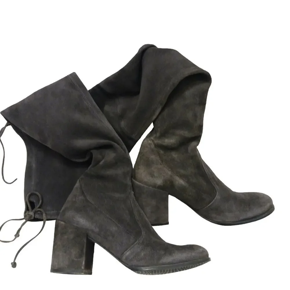 Stuart Weitzman Over The Knee Boots Sz 7M GRAY Leather SUEDE Pullon TIELAND $980